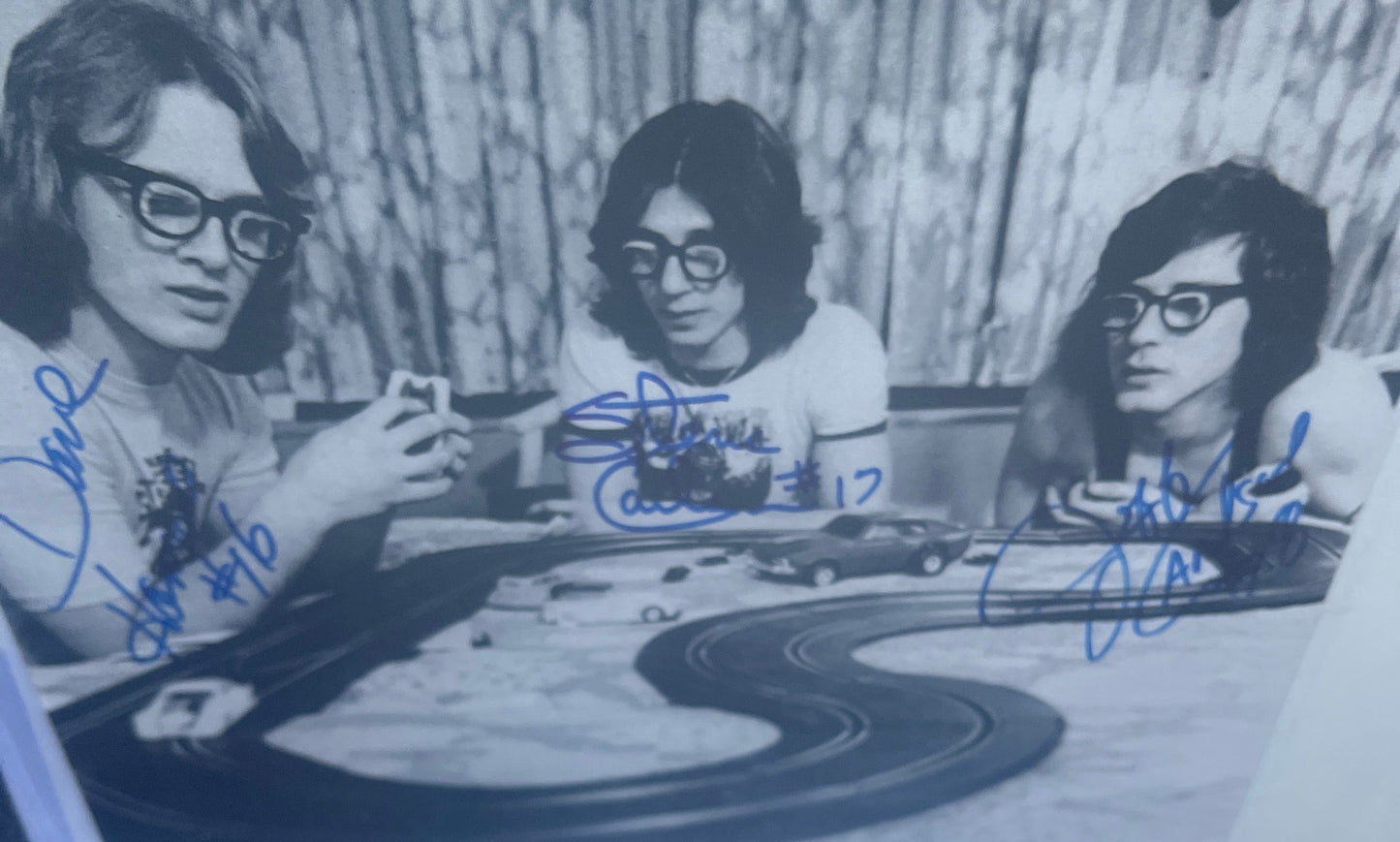 Triple autographed race car original 8x10 blue ink