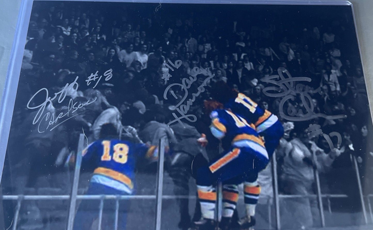 Triple autographed into the stands" original 8x10 silver ink