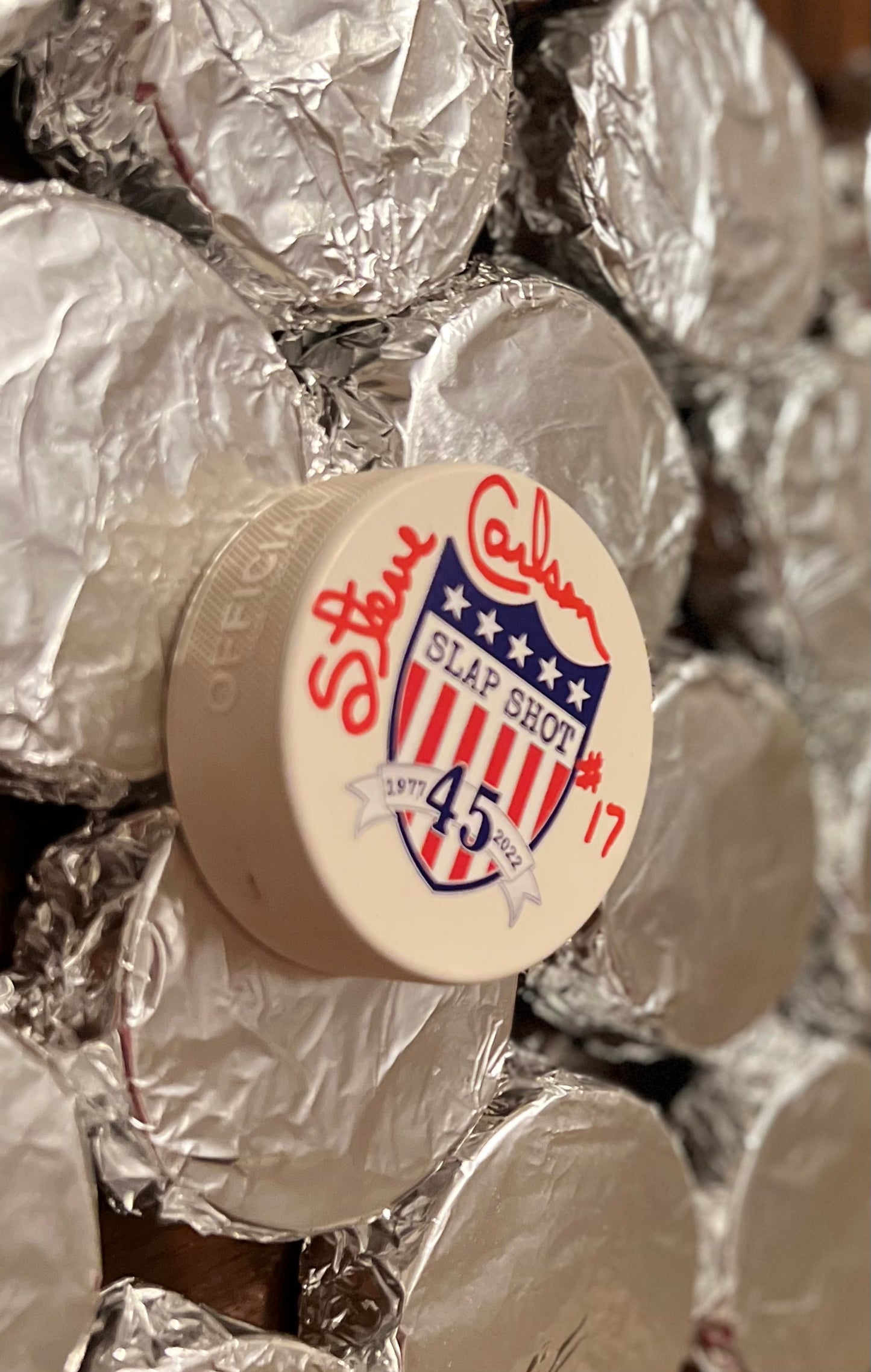 Autographed Slap Shot 45th Anniversary Puck