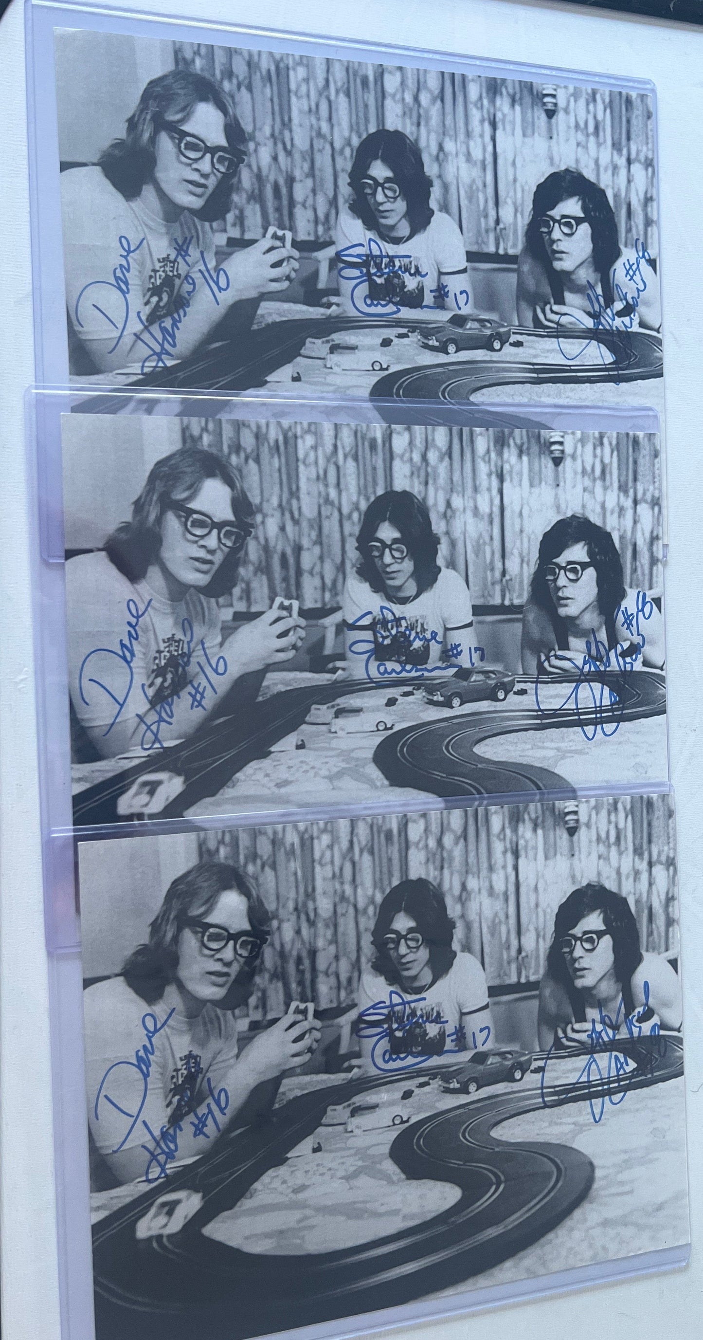 Triple  autographed race car   original 8x10 blue ink